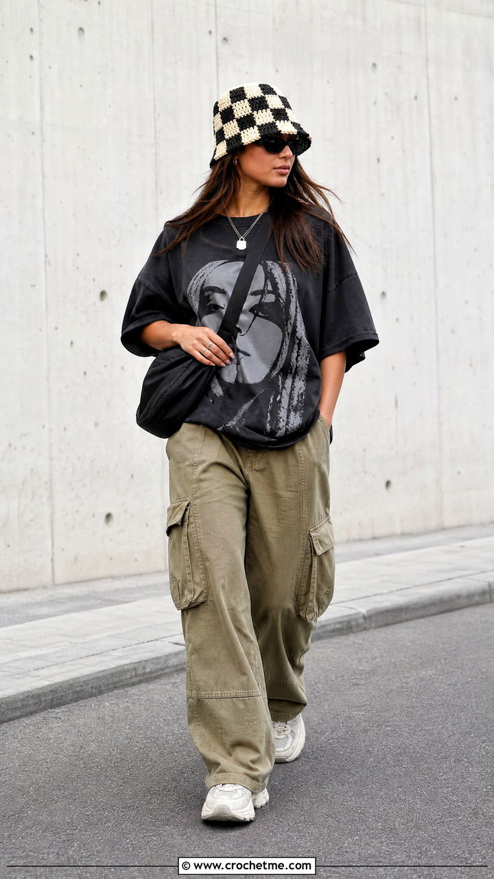 Crochet Bucket Hat With Graphic T Shirt And Cargo Pants - 35 crochet hat outfit ideas