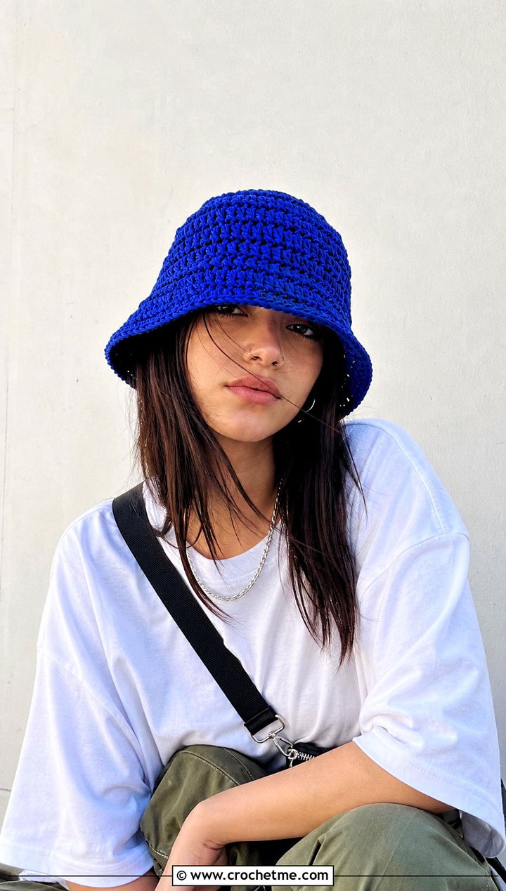 Crochet Bucket Hat With Oversized Tee And Cargo Pants - 25 crochet brimmed hat outfit ideas