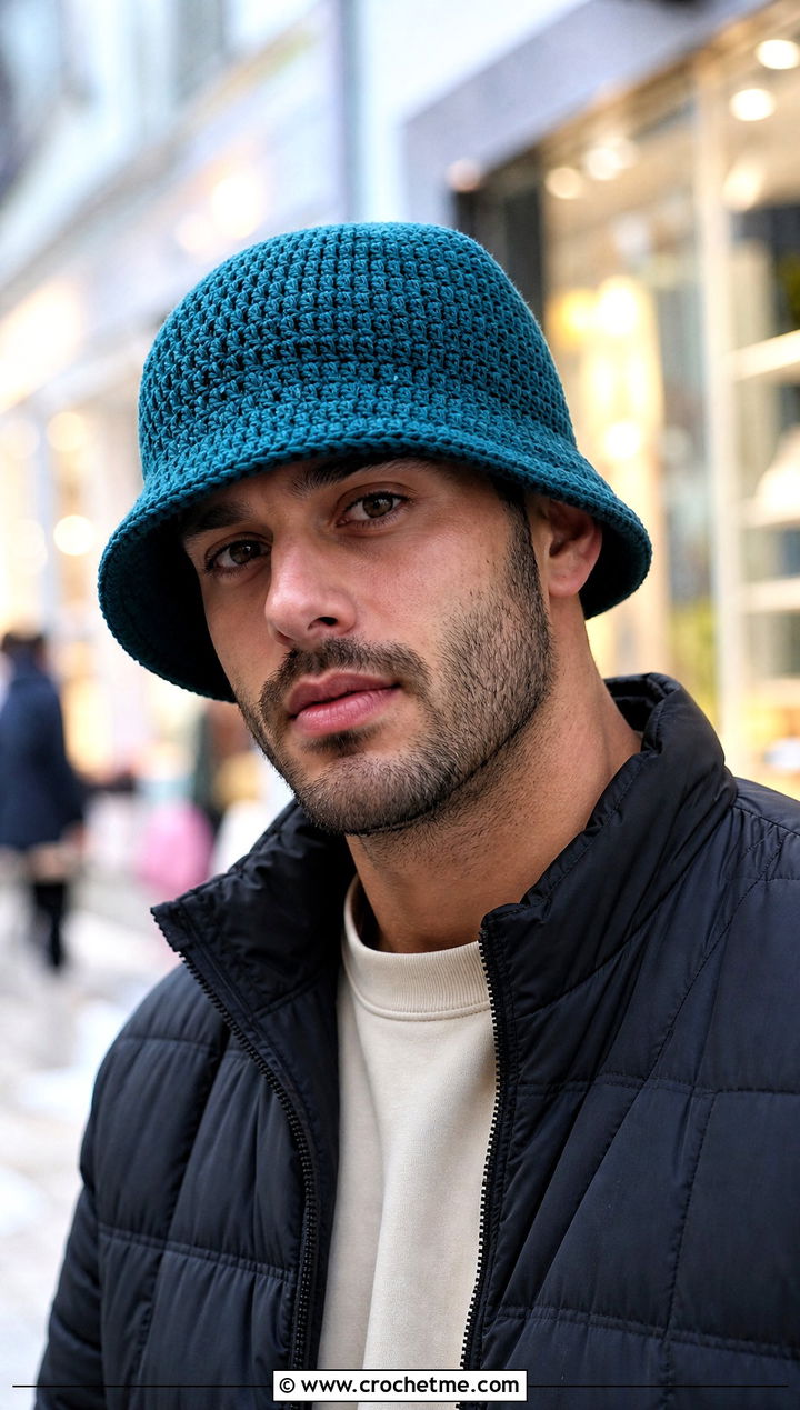 Crochet Bucket Hat With Quilted Jacket - 25 mens winter crochet hats outfit ideas