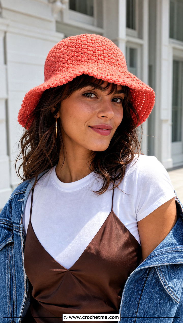 Crochet Bucket Hat With Slip Dress - 35 cute crochet hat outfit ideas