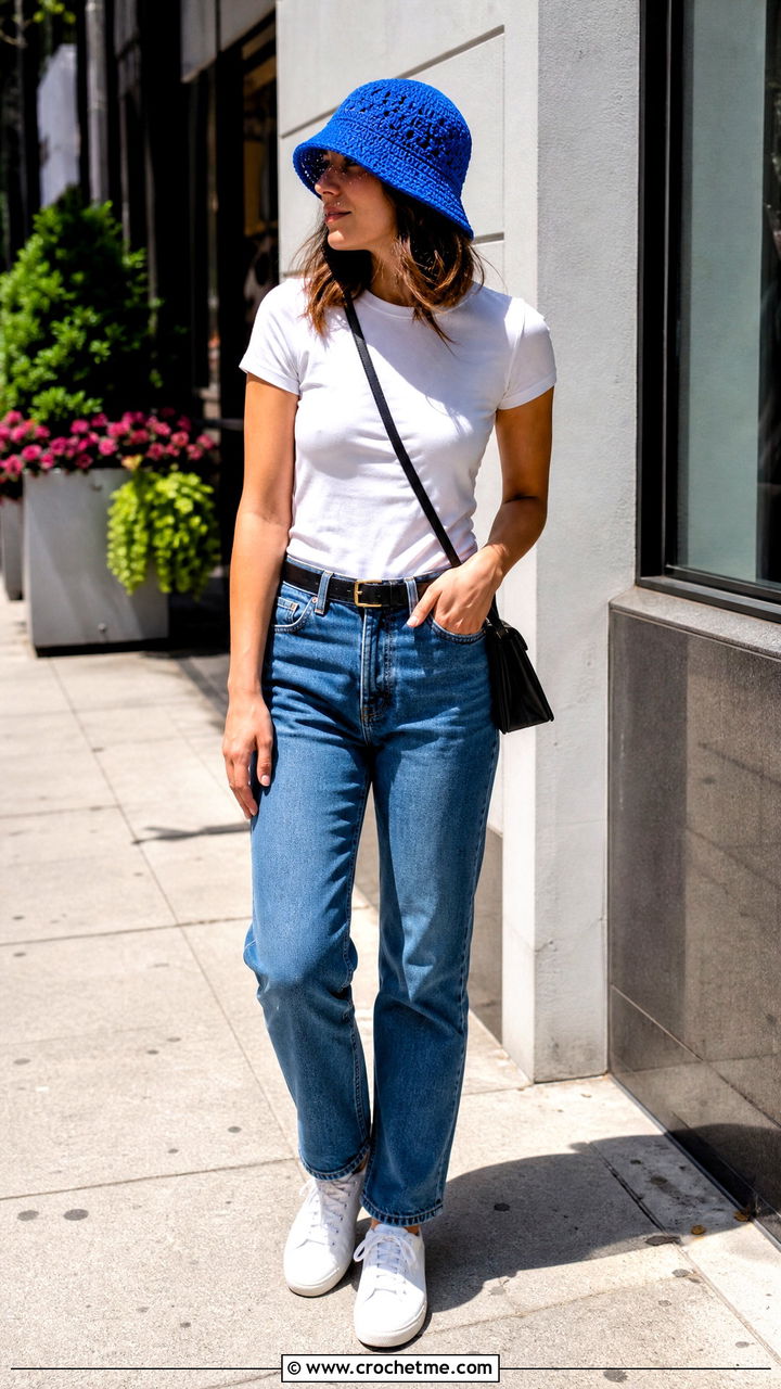 Crochet Bucket Hat With T Shirt And Jeans - 35 crochet brim hat outfit ideas