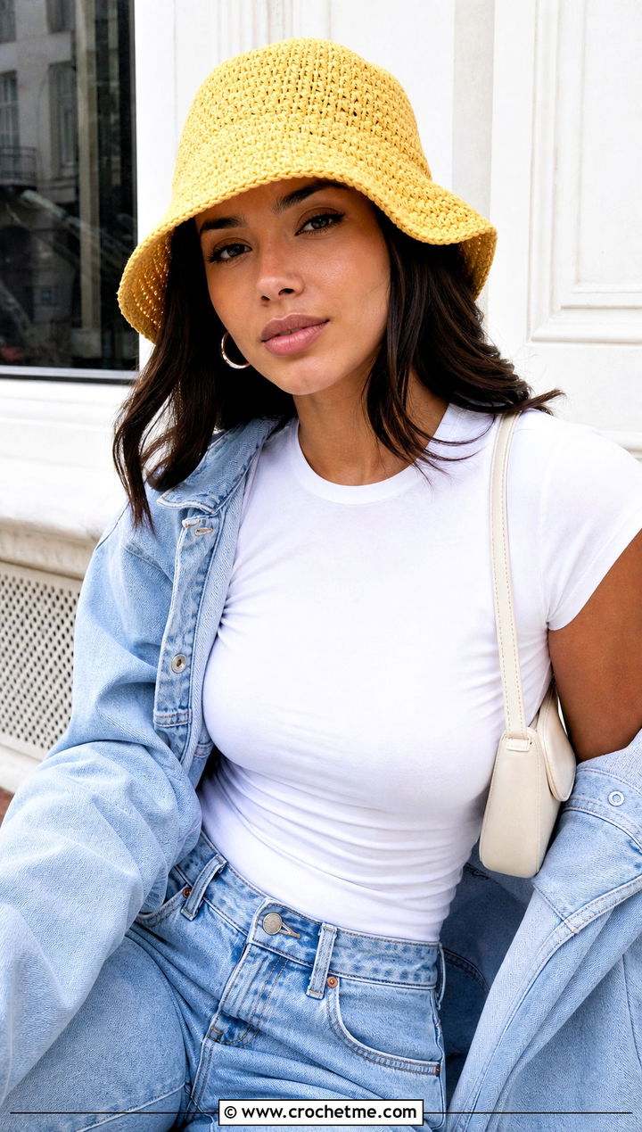 Crochet Bucket Hat With T Shirt And Wide Leg Jeans - 35 women crochet hat outfit ideas