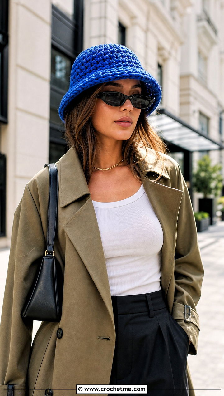 Crochet Bucket Hat With Trench Coat And Wide Leg Pants - 25 Cool Crochet Hat outfit ideas