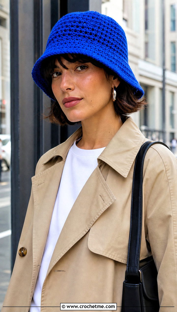 Crochet Bucket Hat With Trench Coat and Wide Leg Pants - 15 Crocheted Womens Hats outfit ideas