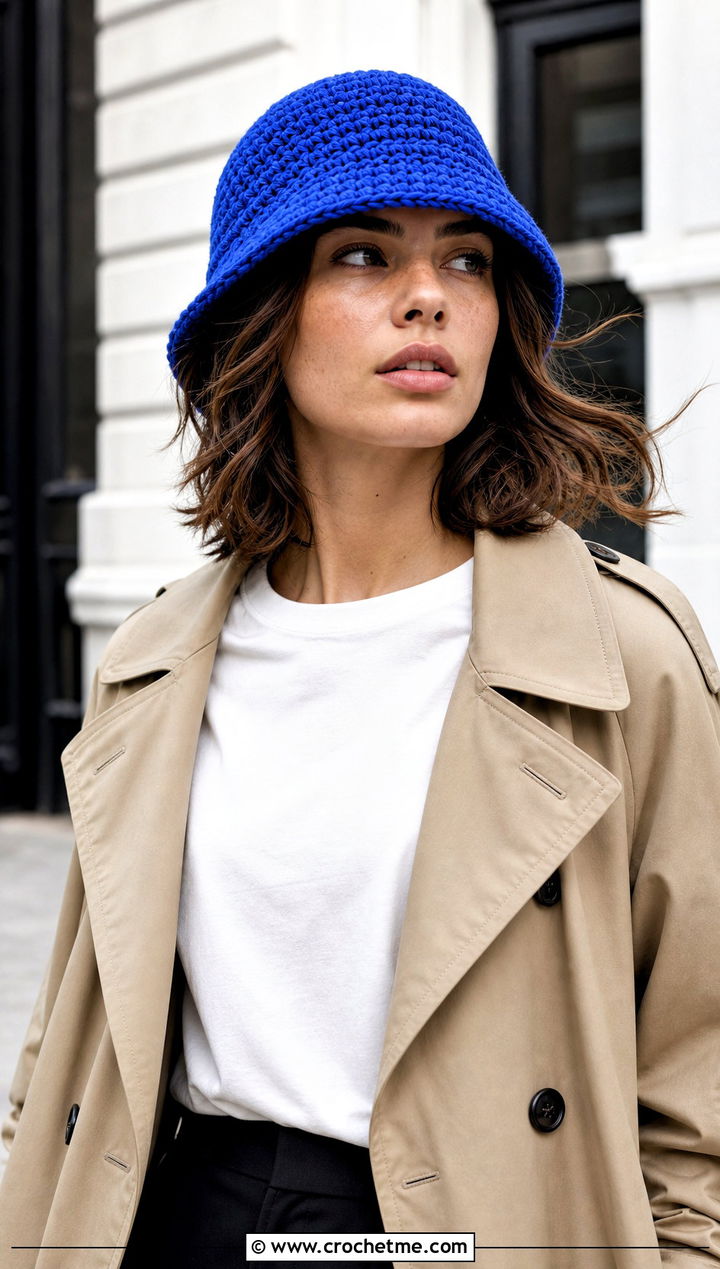 Crochet Bucket Hat With Trench Coat - 35 one piece crochet hat outfit ideas