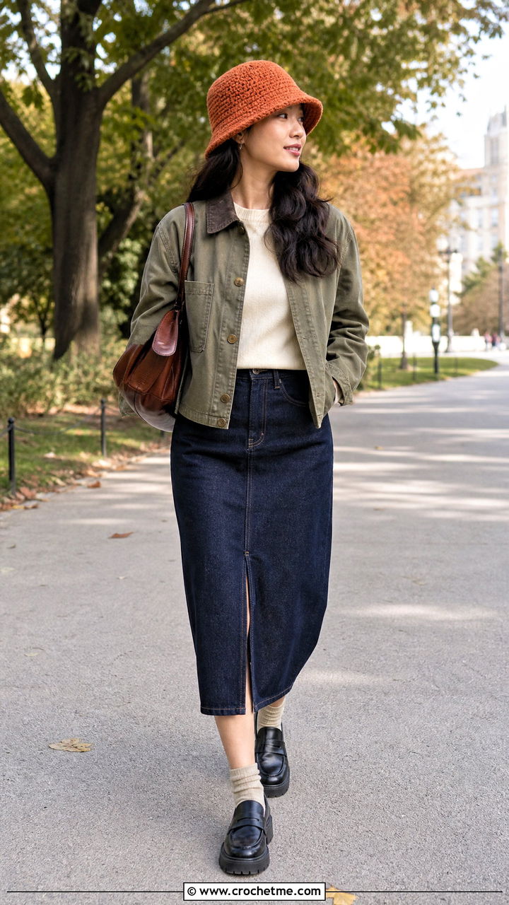 Crochet Bucket Hat With Utility Jacket And Midi Skirt - 35 crochet fall clothes and outfit ideas