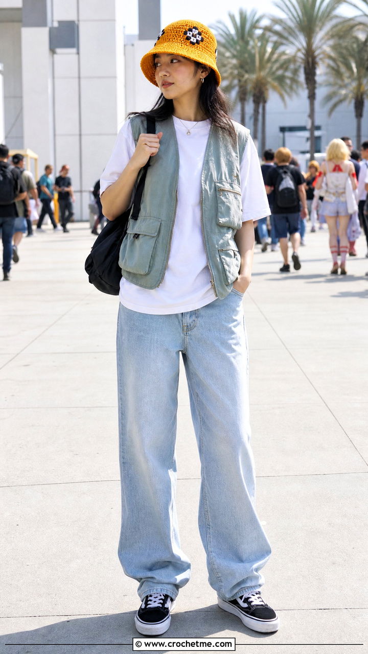 Crochet Bucket Hat With Utility Vest And Jeans - 35 anime crochet clothes and outfit ideas