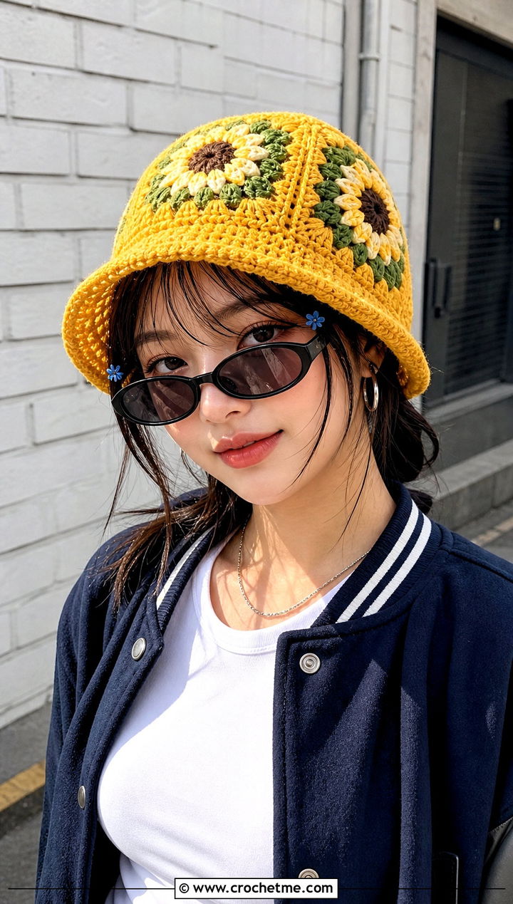Crochet Bucket Hat With Varsity Jacket And Jeans - 25 K Pop Crochet Clothes and outfit ideas