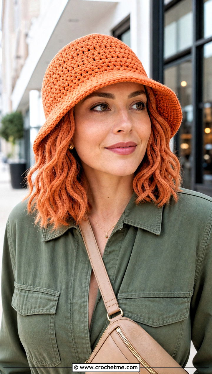 Crochet Bucket Hat With Wavy Hair And Utility Jumpsuit - 15 crochet chemo hat with hair outfit ideas