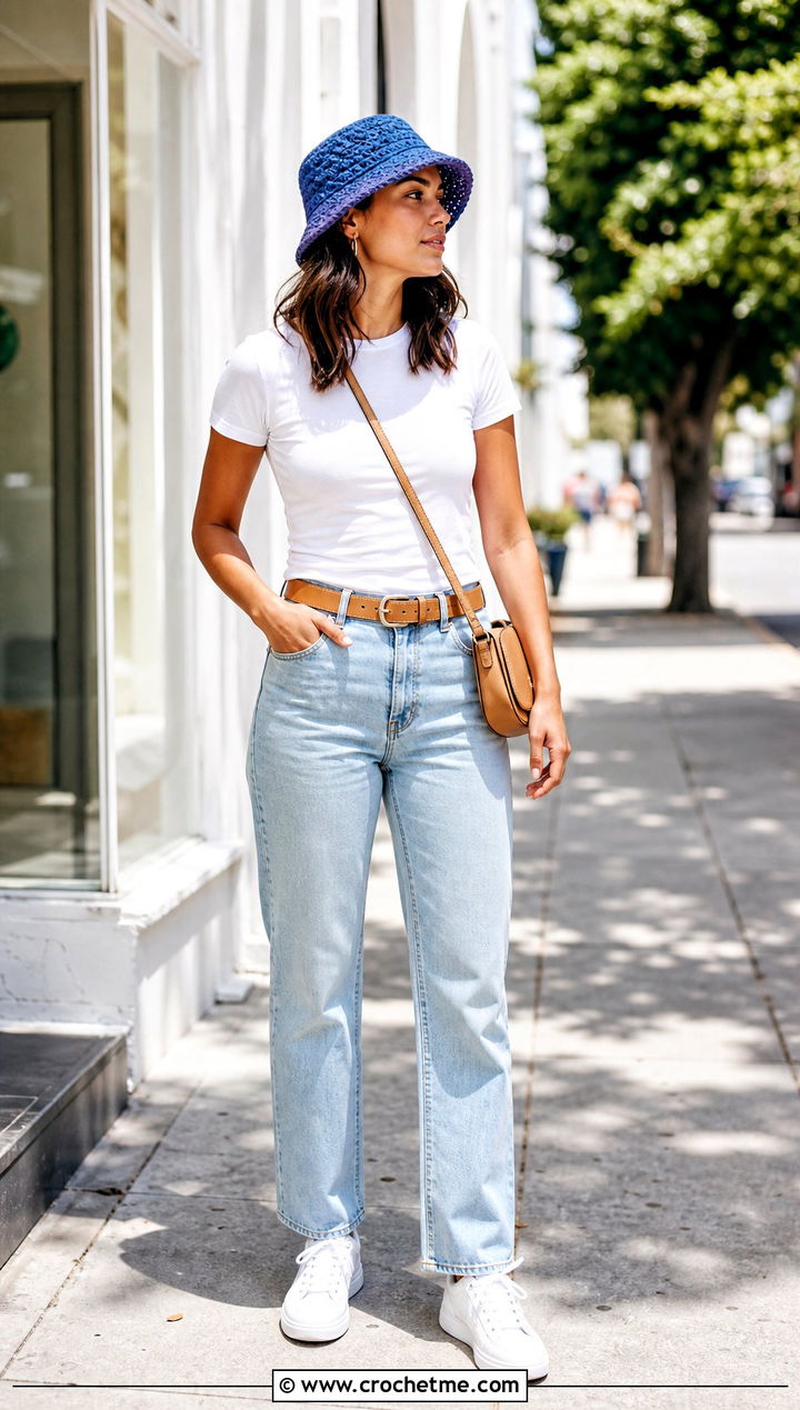 Crochet Bucket Hat With White T Shirt And Jeans - 35 summer crochet hat outfit ideas