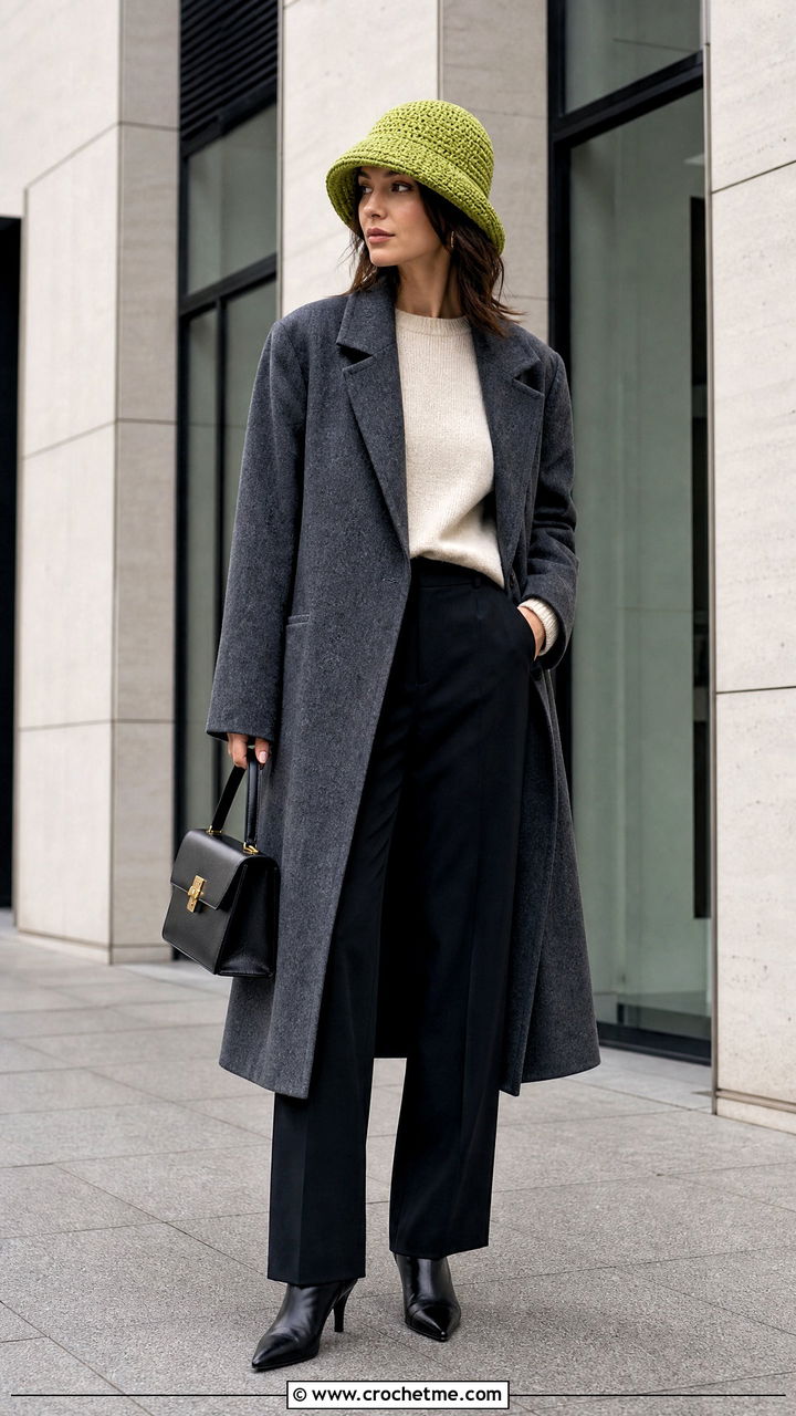 Crochet Bucket Hat With Wool Coat And Tailored Trousers - 35 crochet winter hat outfit ideas