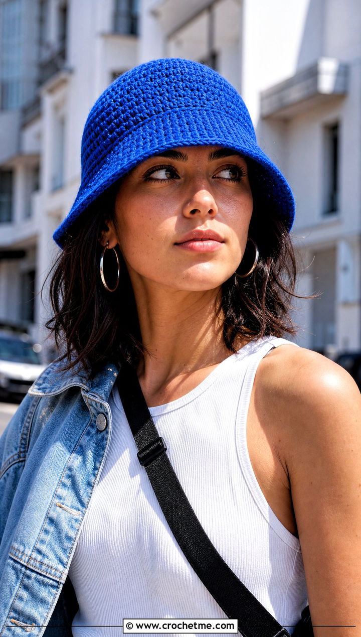 Crochet Bucket Sun Hat With Denim Shorts - 25 summer crochet sun hat outfit ideas