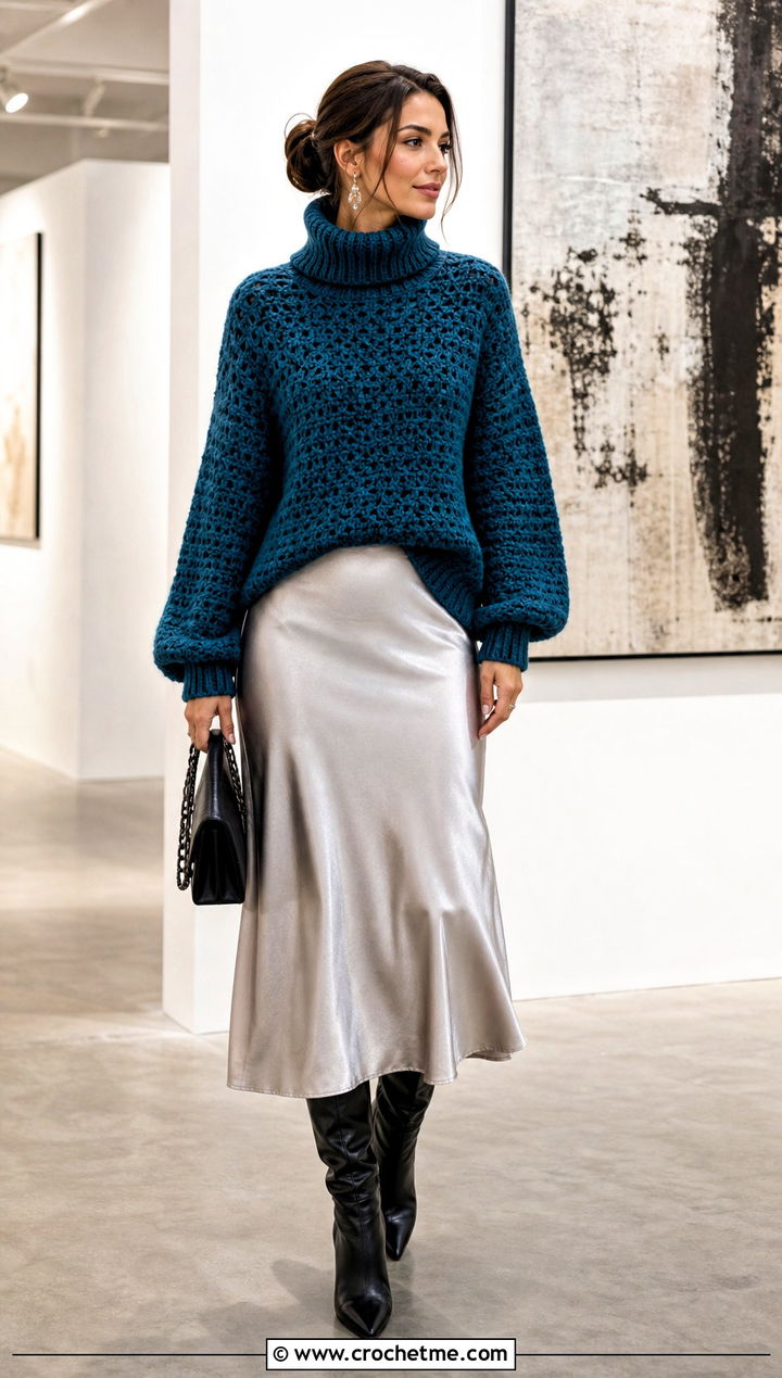 Crochet Bulky Turtleneck Sweater With Satin Midi Skirt - 25 Crochet Bulky Sweater outfit ideas