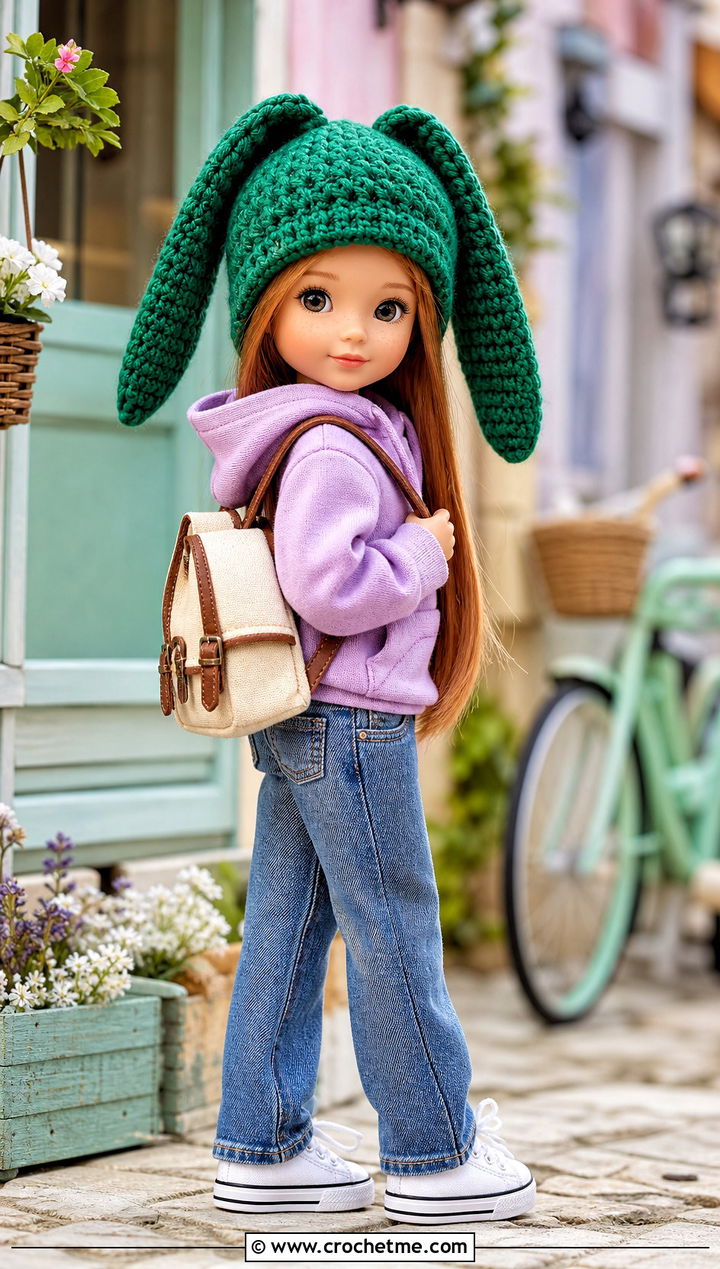 Crochet Bunny Ear Hat With Hoodie And Straight Leg Jeans - 35 crochet hat for doll outfit ideas