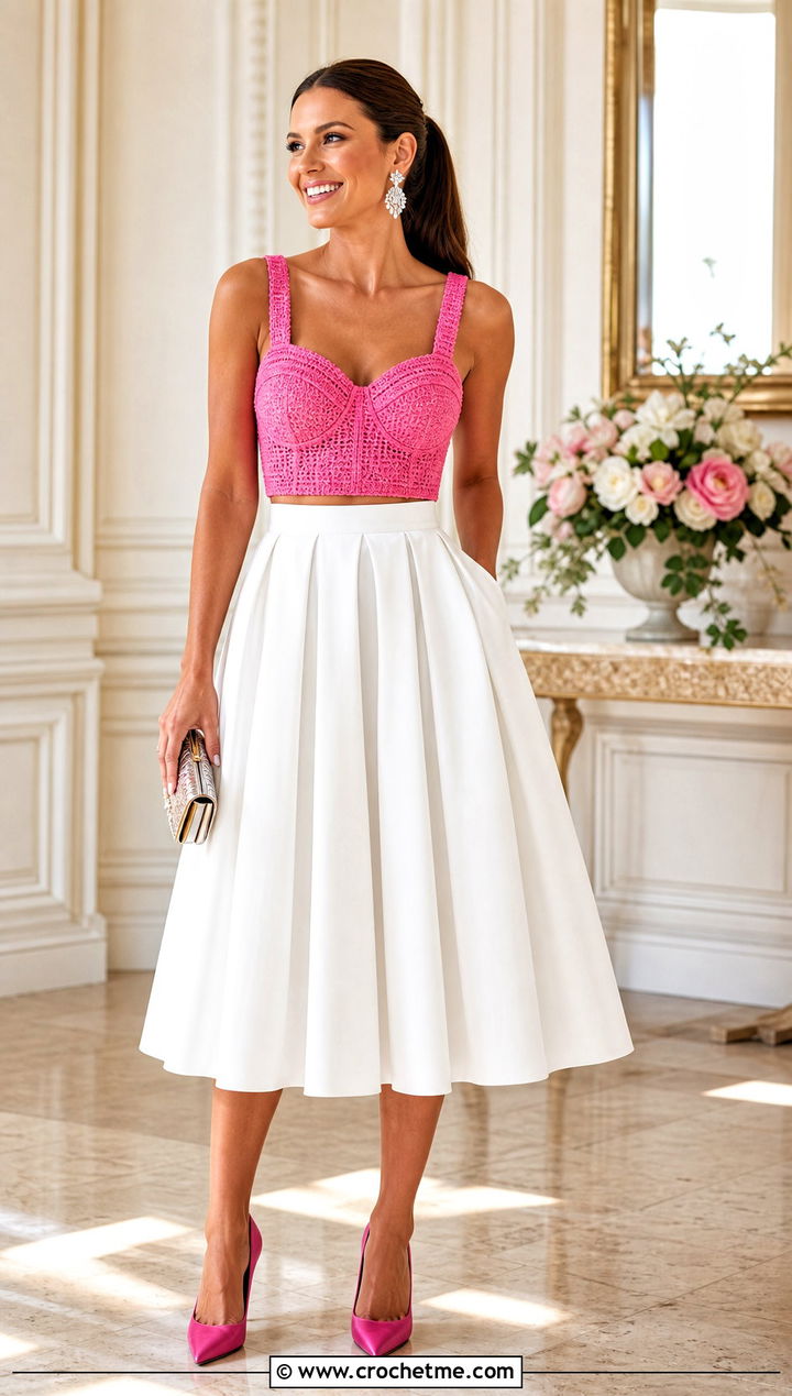 Crochet Bustier Top With Full Midi Skirt - 15 barbie inspired crochet top outfit ideas