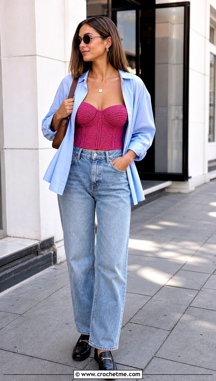 Crochet Bustier Top With Oversized Shirt And Jeans - 30 begginer crochet top outfit ideas