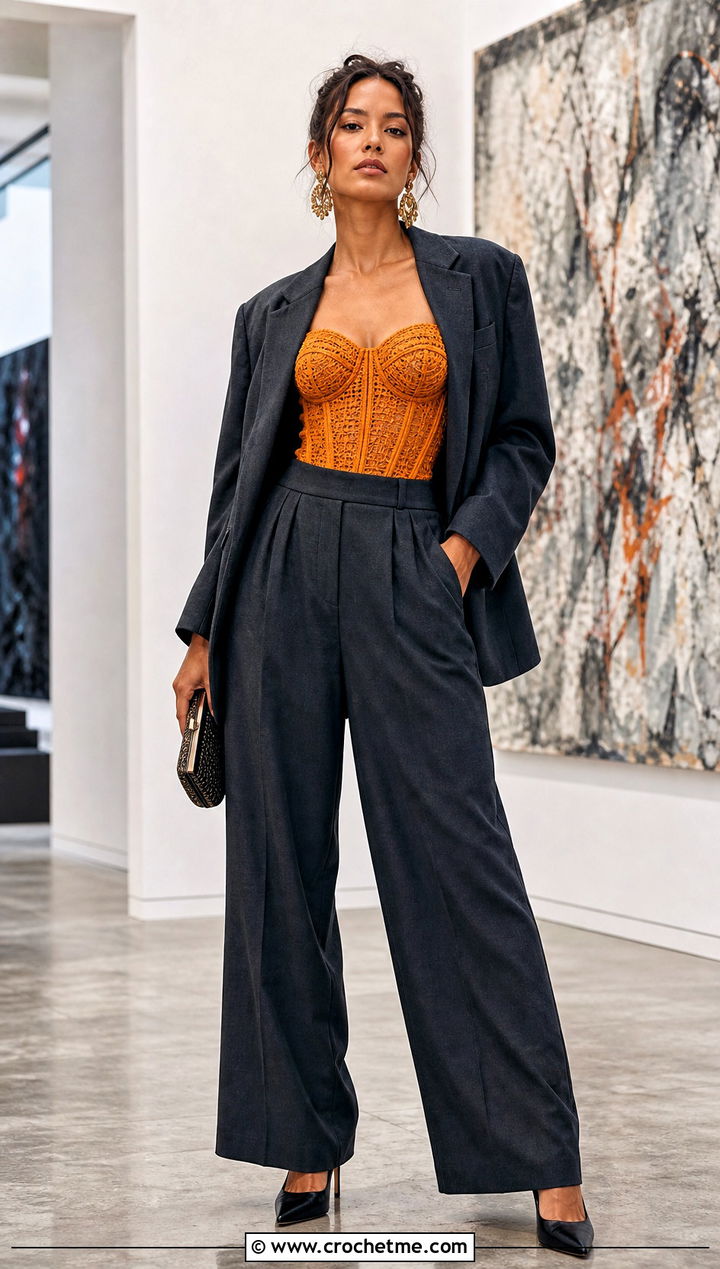 Crochet Bustier Top With Oversized Suit - 35 crochet vintage top outfit ideas