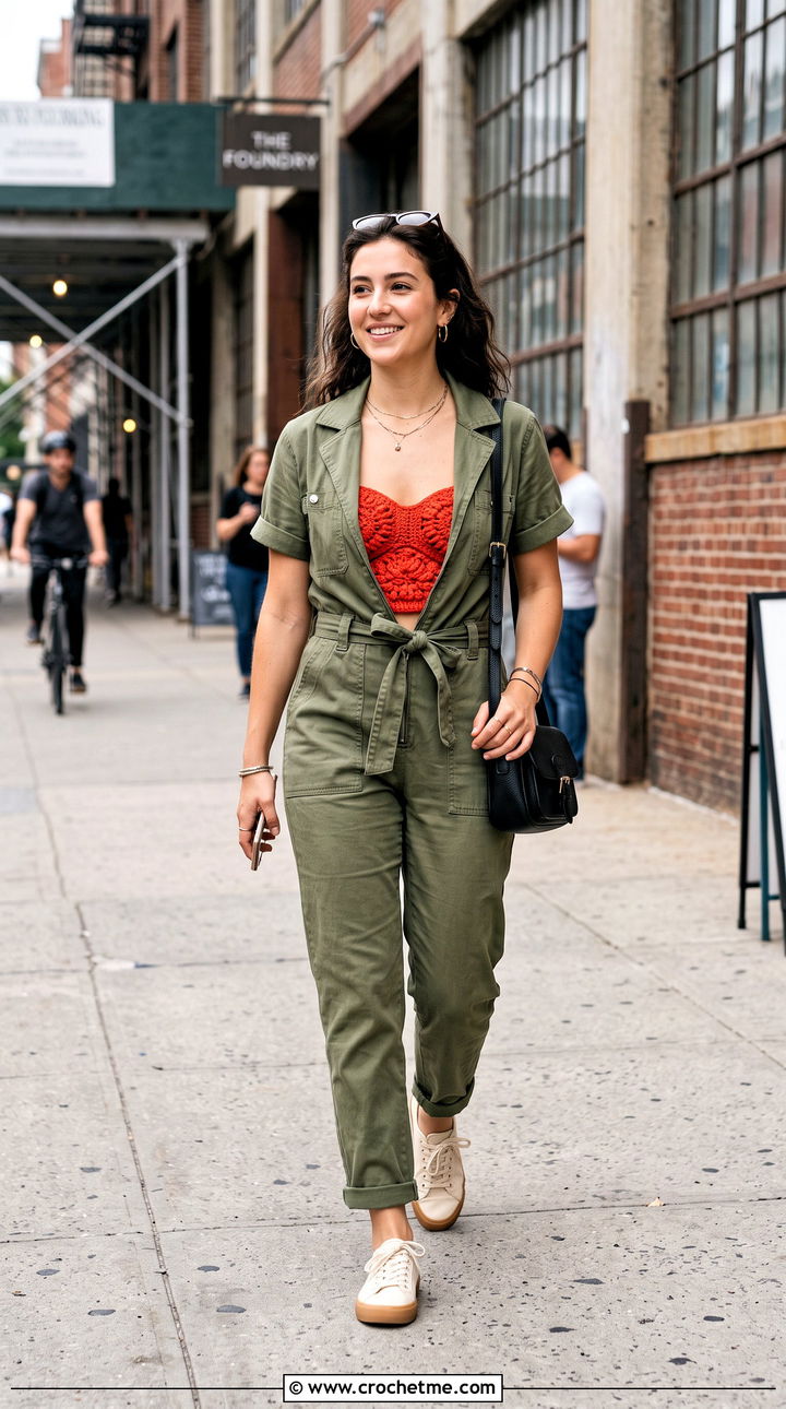 Crochet Bustier Top With Utility Jumpsuit - 15 cool crochet top outfit ideas