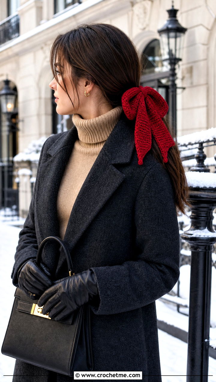 Crochet Butterfly Bow Hair Tie Scarf With Turtleneck And Coat - 20 crochet hair tie scarf outfit ideas