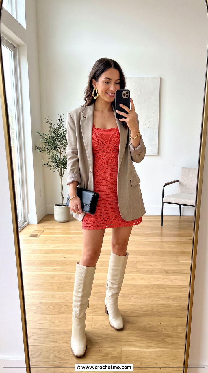Crochet Butterfly Mini Dress With Oversized Blazer - 15 Crochet Butterfly Clothes and outfit ideas
