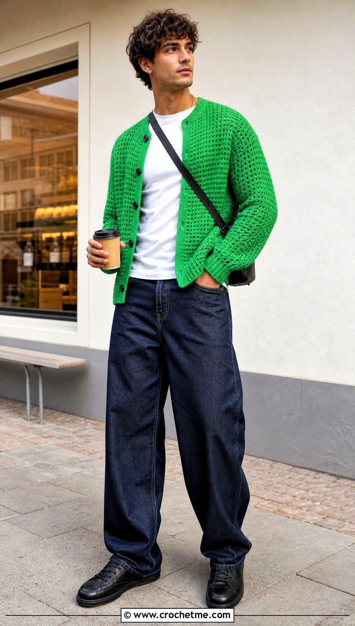 Crochet Button Cardigan With Wide Leg Jeans - 15 Crochet Mens Sweaters outfit ideas