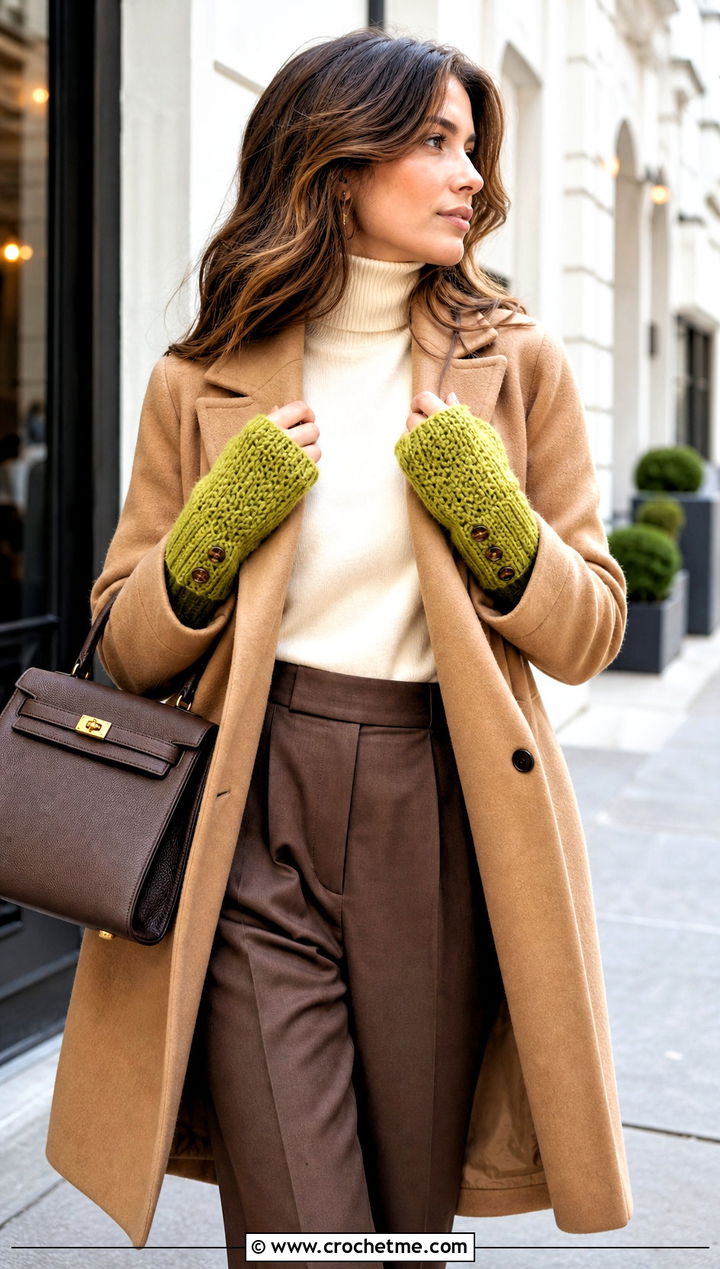 Crochet Button Cuff Fingerless Gloves With Wool Coat And Loafers - 15 Crochet Tipless Gloves outfit ideas
