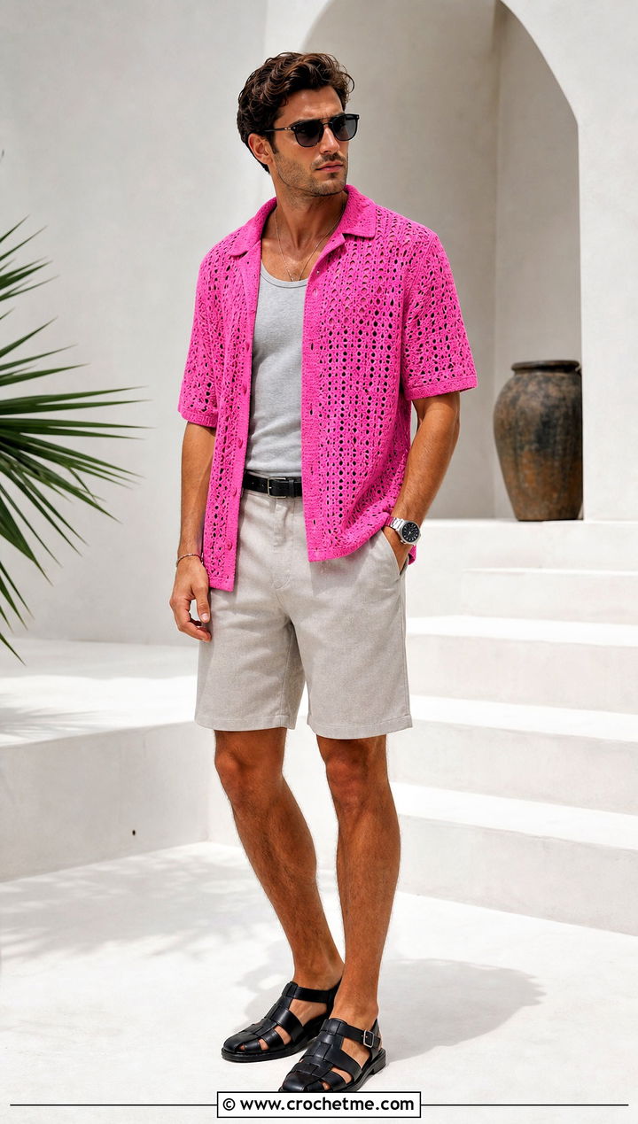 Crochet Button Down Shirt With Tailored Shorts - 30 men crochet top outfit ideas