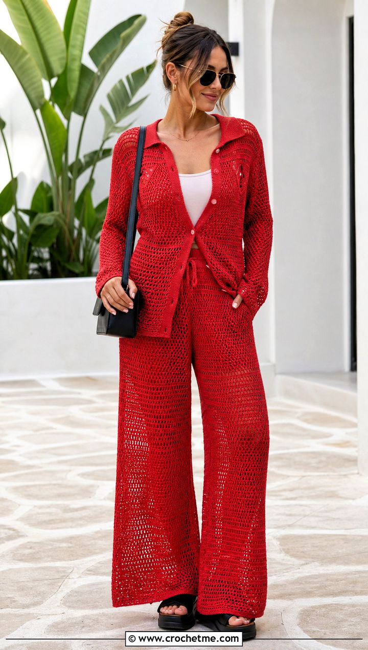 Crochet Button Front Shirt And Palazzo Pants Set - 30 crochet pants set outfit ideas