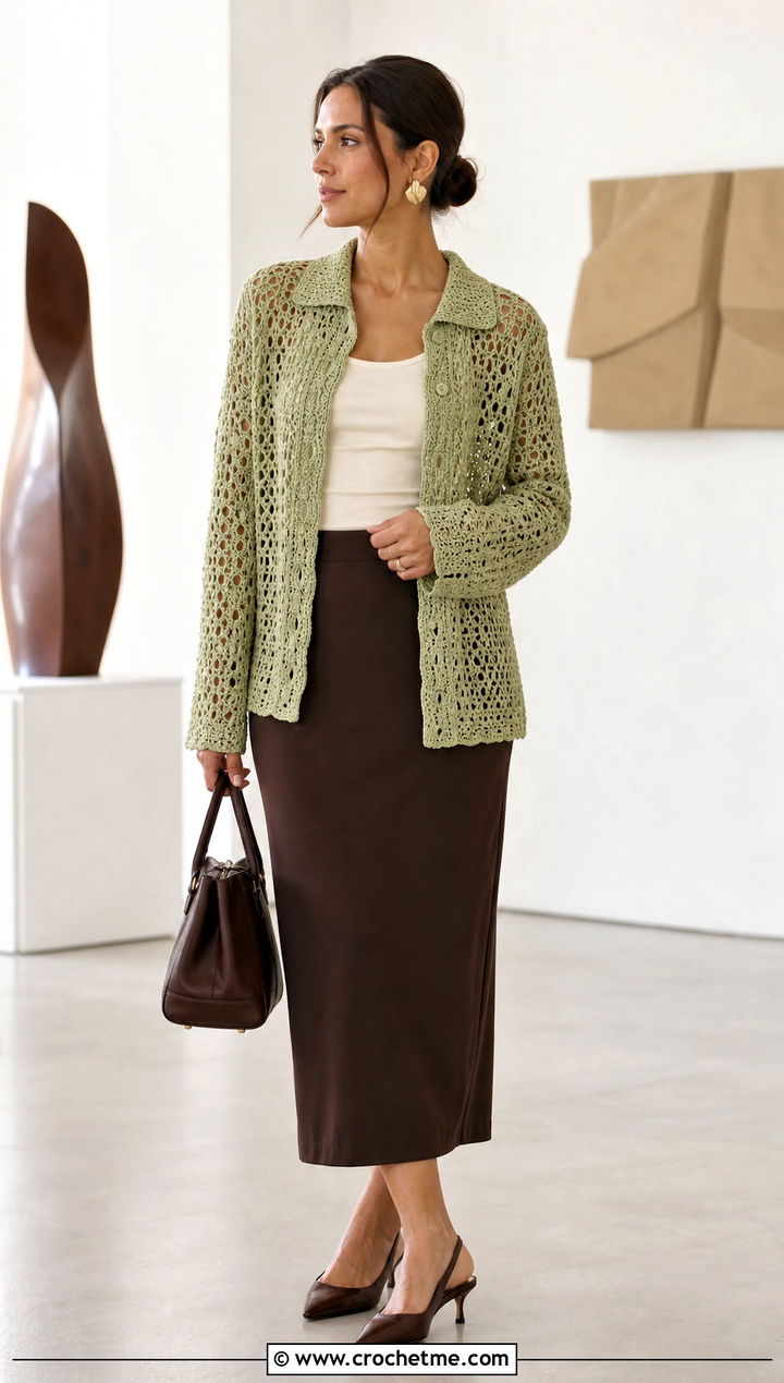 Crochet Button Front Shirt With Column Skirt - 30 crochet clothing for beginners outfit ideas