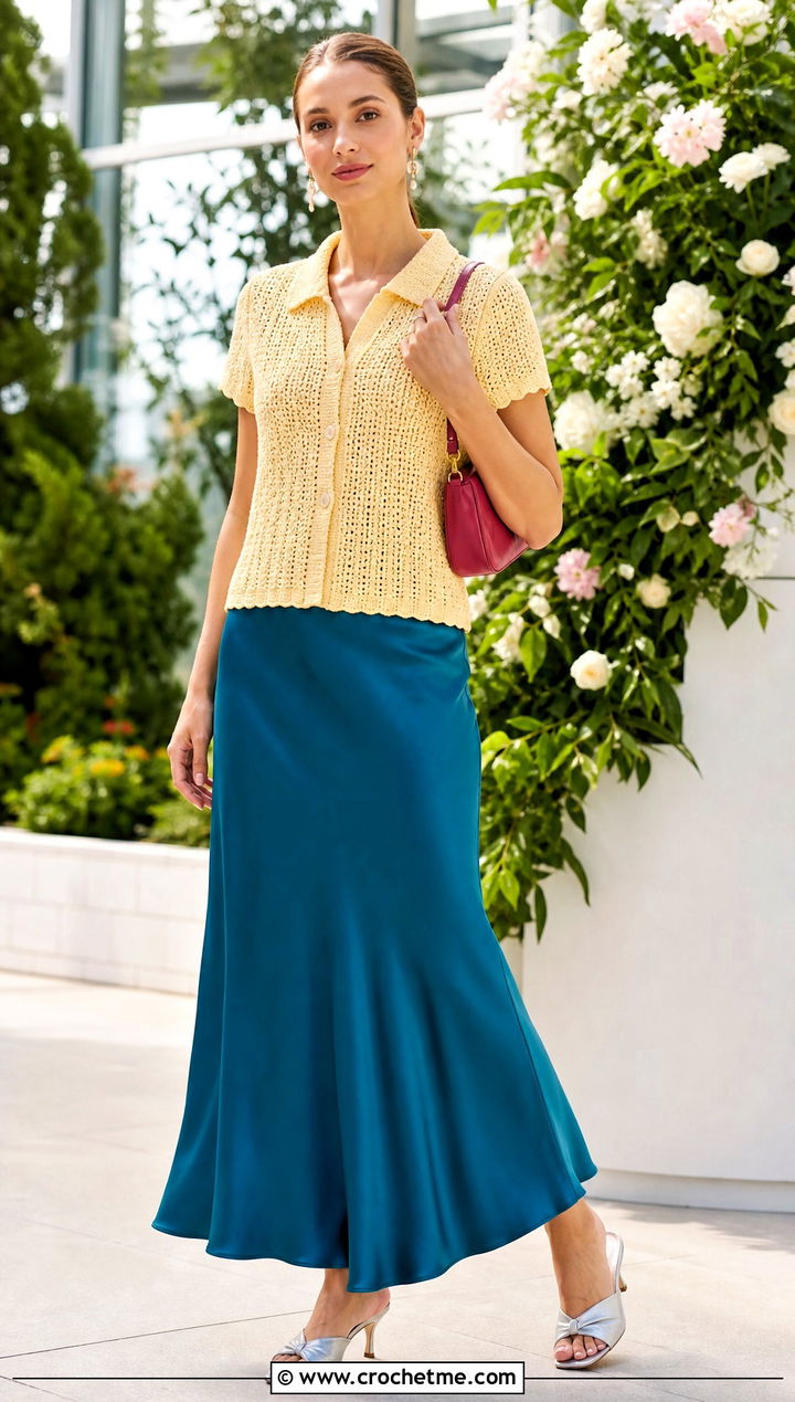 Crochet Button Front Top With Bias Cut Maxi Skirt - 20 Crochet Top Outfit Summer Aesthetic outfit ideas