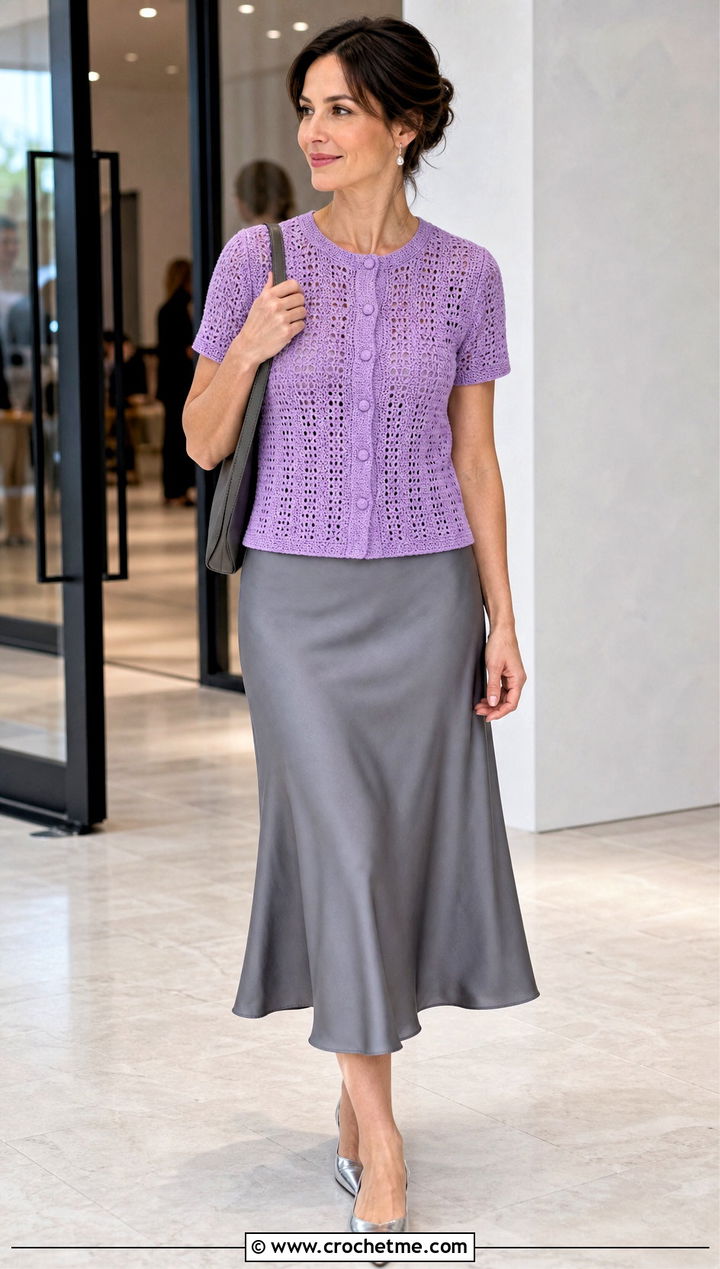 Crochet Button Front Top With Bias Cut Skirt - 30 crochet knitted top outfit ideas