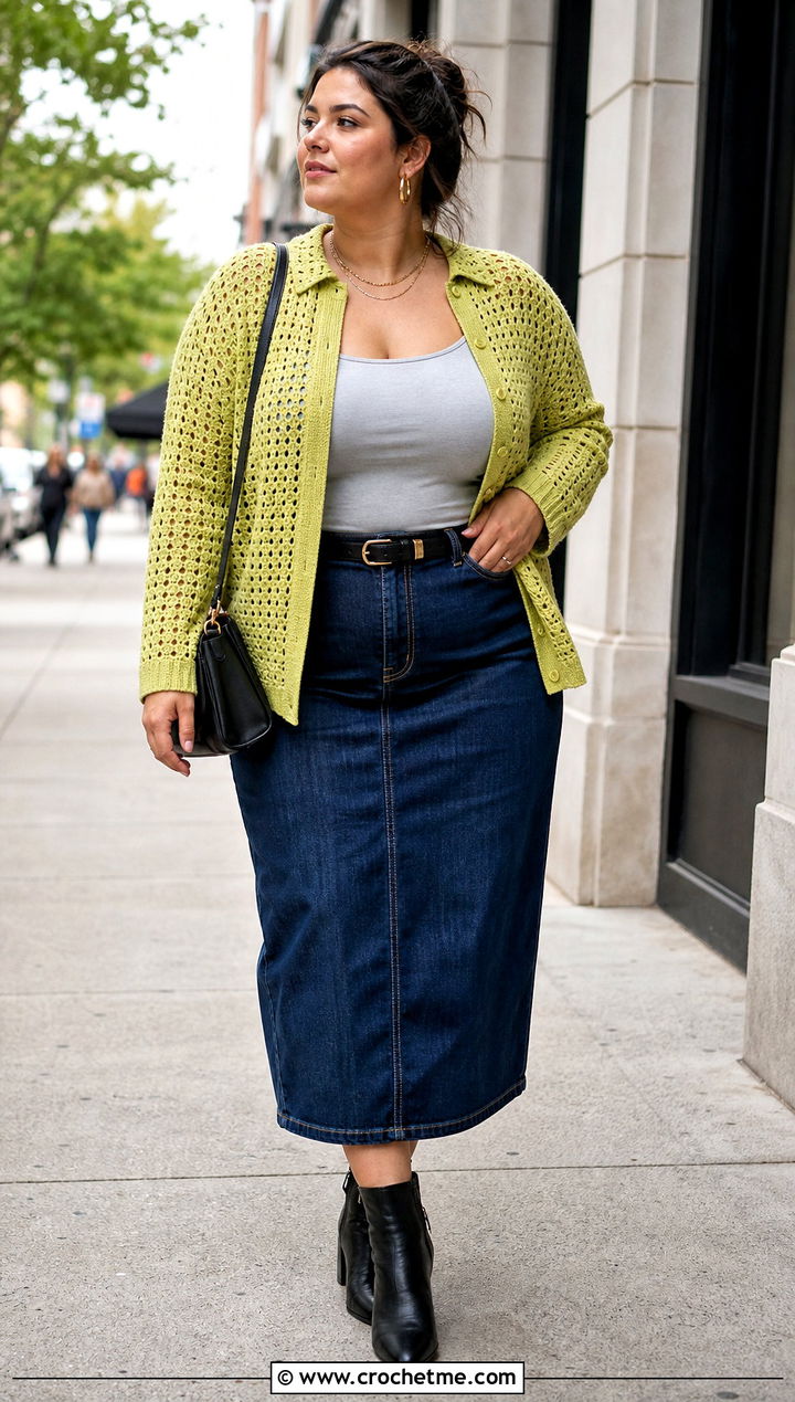 Crochet Button Front Top With Denim Midi Skirt - 30 big bust crochet tops outfit ideas