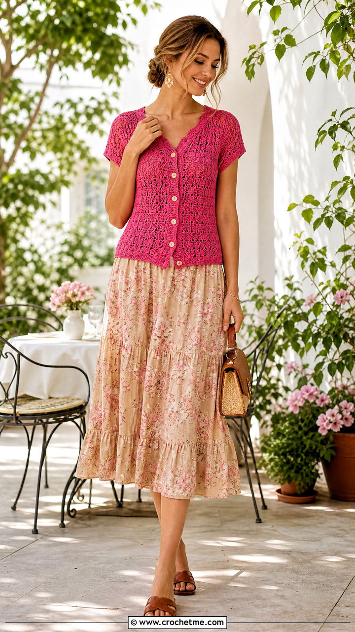 Crochet Button Front Top With Printed Midi Skirt - 35 crochet summer tops for women outfit ideas