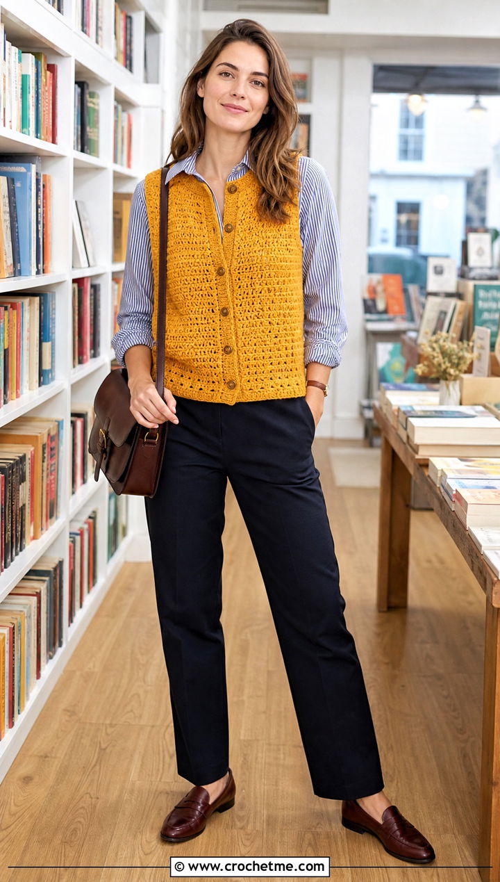 Crochet Button Front Vest With Oxford Shirt - 30 vintage crochet clothes and outfit ideas