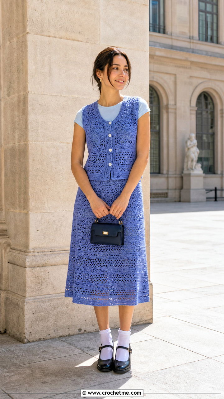 Crochet Button Top And A Line Skirt With Mary Janes - 35 crochet two piece outfit ideas