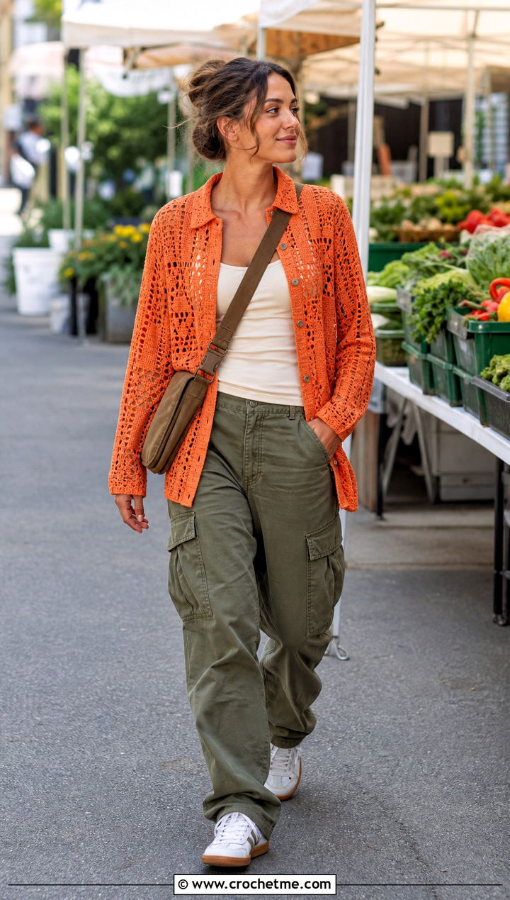 Crochet Button Up Shirt With Cargo Pants - 30 unique crochet clothes and outfit ideas