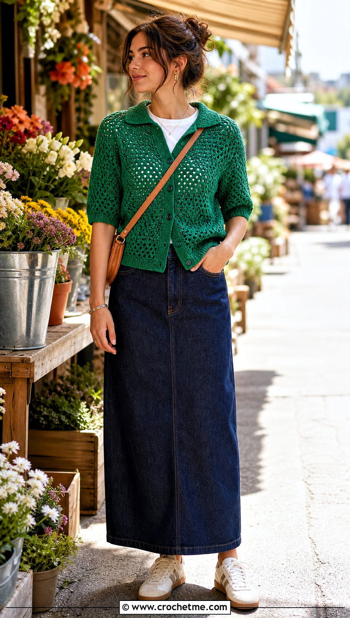 Crochet Button Up Shirt With Denim Maxi Skirt - 35 Modest Crochet Outfit Ideas