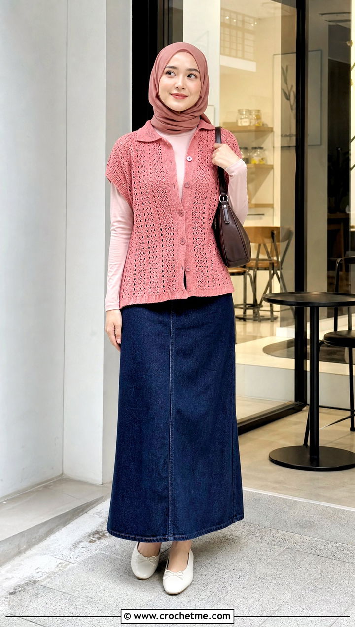 Crochet Button Up Shirt With Denim Maxi Skirt - 20 crochet top hijabi outfit ideas