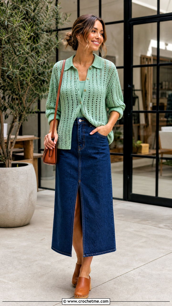 Crochet Button Up Shirt With Denim Midi Skirt - 35 crochet garments outfit ideas
