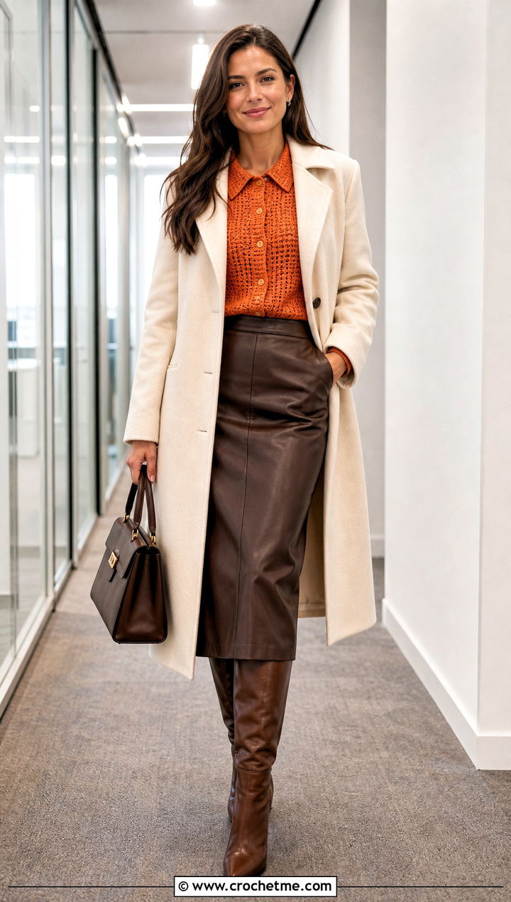 Crochet Button Up Shirt With Faux Leather Midi Skirt - 30 winter crochet clothes ideas
