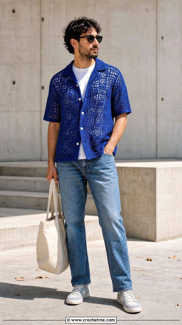 Crochet Button Up Shirt With Straight Jeans - 35 crochet clothes for men outfit ideas