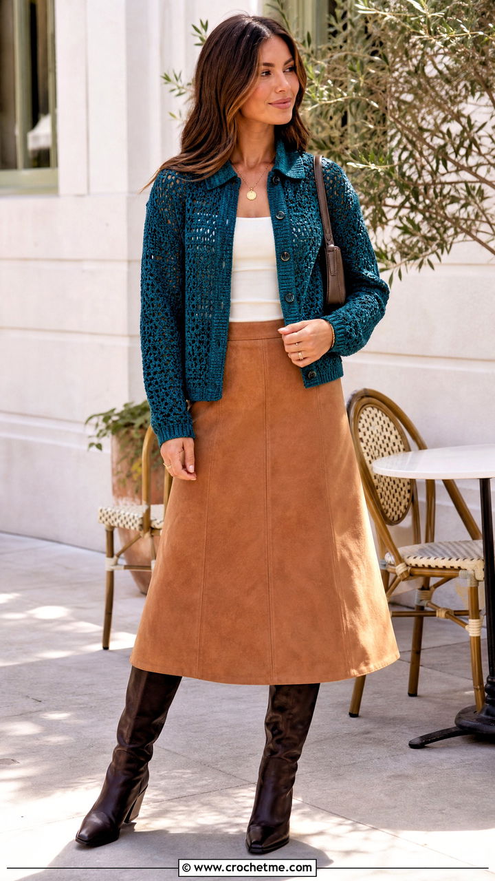 Crochet Button Up Shirt With a Suede Skirt - 35 fall crochet clothes and outfit ideas