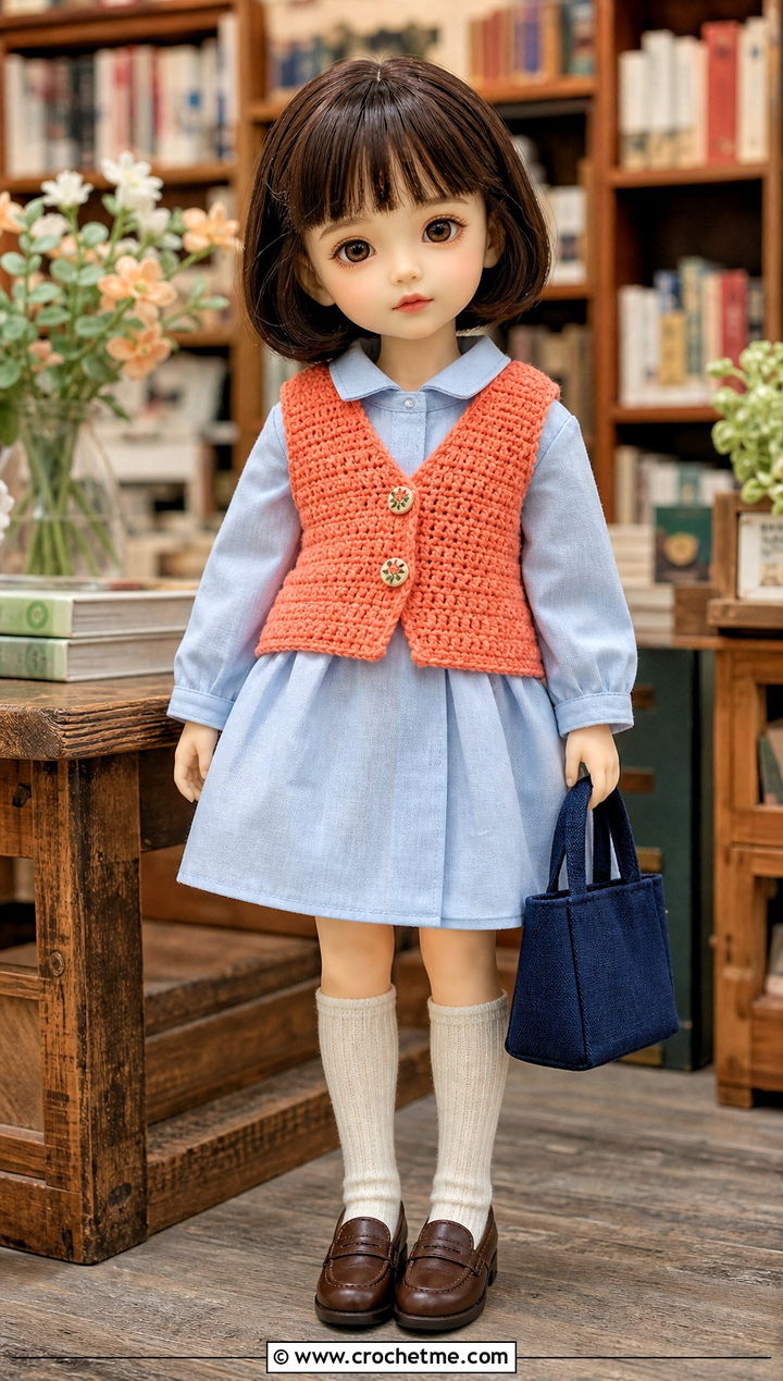 Crochet Button Vest With Shirt Dress - 25 Crochet Small Doll Clothes and outfit ideas