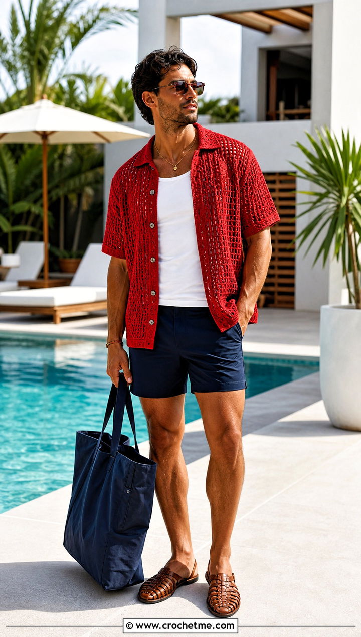Crochet Cabana Shirt With Swim Shorts - 35 men's crochet shirt outfit ideas