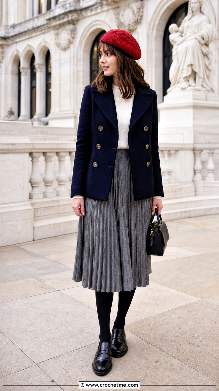 Crochet Cable Beret With Peacoat And Pleated Skirt - 35 crochet cable hat outfit ideas