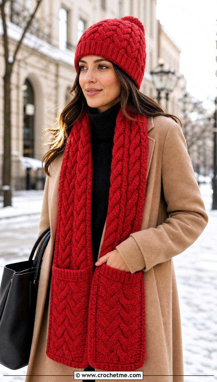 Crochet Cable Look Beanie And Pocket Scarf With Wool Coat - 25 crochet scarf hat combo outfit ideas