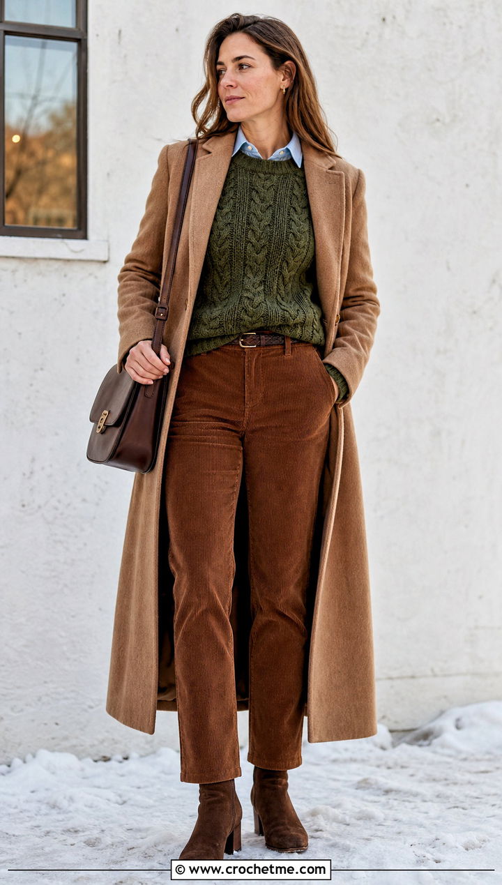Crochet Cable Look Sweater With Corduroy Pants - 30 crochet winter sweater outfit ideas