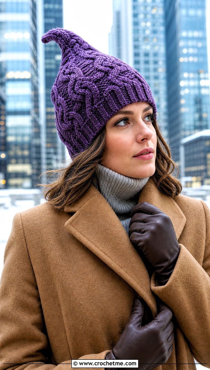 Crochet Cable Pointed Hat With Wool Coat - 25 Crochet Pointed Hat outfit ideas