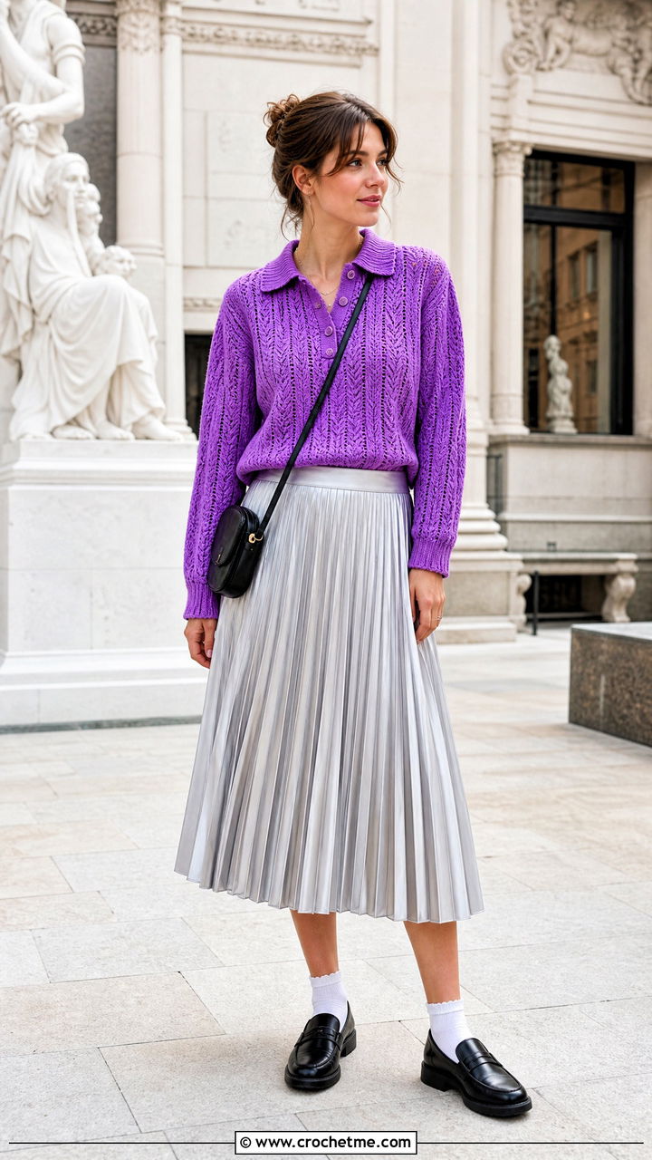 Crochet Cable Polo Sweater With Pleated Midi Skirt - 35 crochet cable sweater outfit ideas