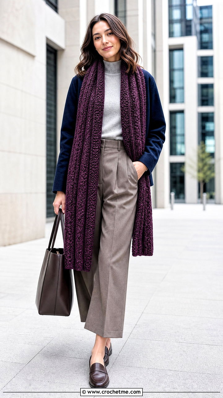 Crochet Cable Scarf With Pleated Trousers - 35 easy crochet scarves outfit ideas